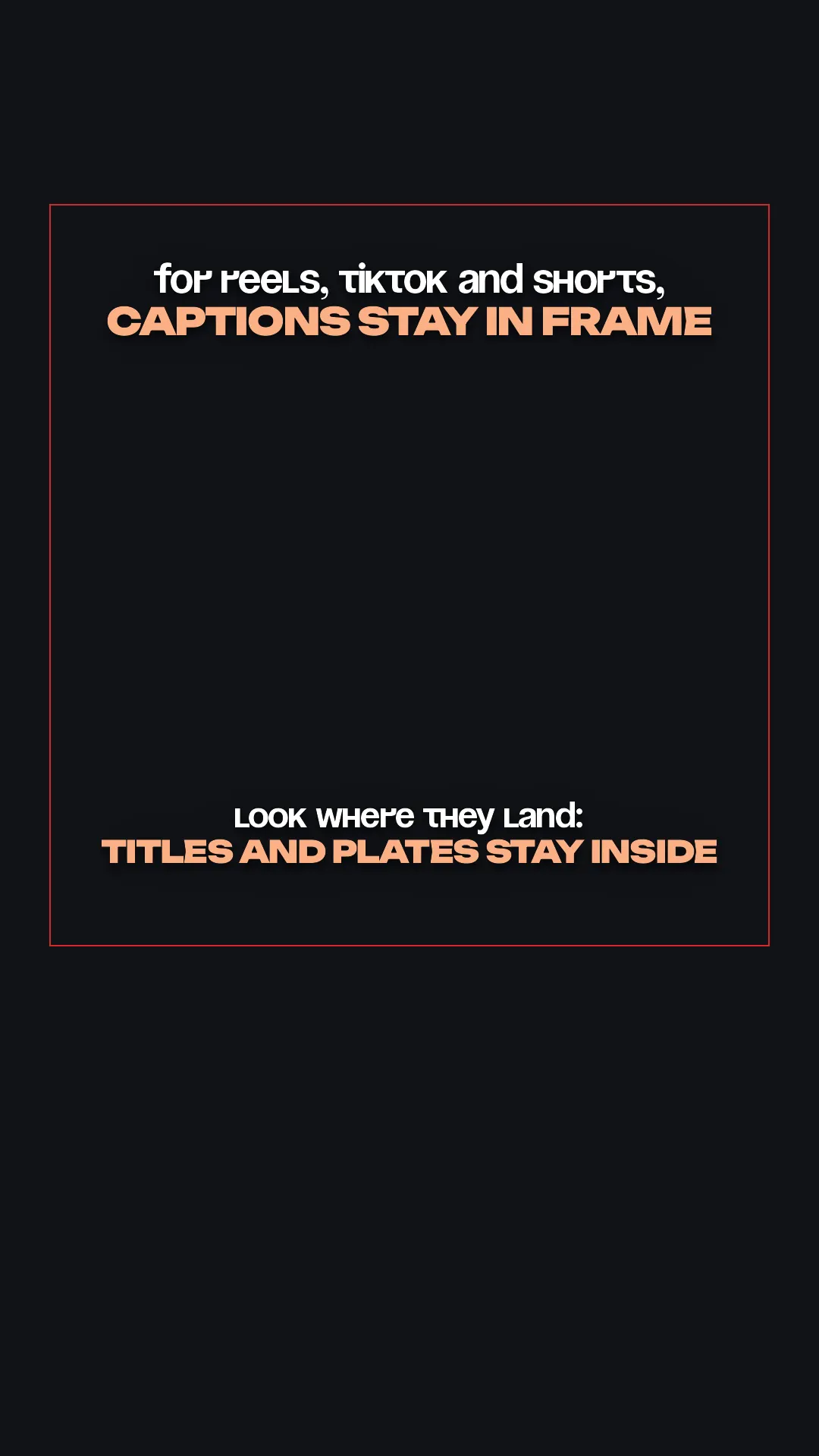 Title and caption plate positioned by ReelsCut's real rendering engine on a blank canvas, with the Reels safe-zone margin drawn as a thin outline